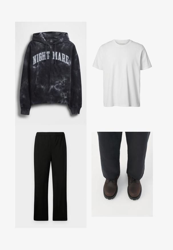 Must mustriline zip-up dressipluus valgete "NIGHT MARE" tähtedega üle rinna, kapuutsi ja esitaskuga. Tekstuuriga kangas.; Lihtne valge lühikeste varrukatega ümara kaelusega t-särk, lõdva istuvusega, esiküljel pole nähtavaid logosid või mustreid.; Mustad mustvõrguga püksid sirge jala disainiga. Valmistatud siledast kangast, ilma nähtavate mustrite või kaunistusteta.; Pruunid nahast nööbiga kingad ümarate varvastega, musta kummitald ja tekstuurigaDetail, koos lahtiste tumehalli pükstega.