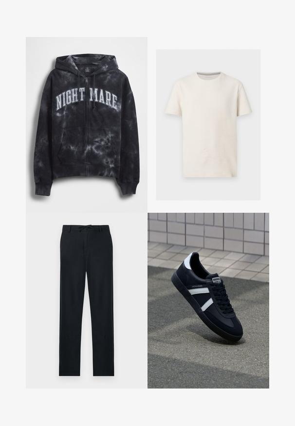 Sort tie-dye hættejakke med lynlås og teksten "NIGHT MARE" i hvid tværs over brystet, med hætte og frontlomme. Tekstureret stof.; Kortærmet off-white tekstureret bomulds t-shirt med rund halsudskæring og diskret logo på venstre bryst, vist på grå baggrund.; Sorte bukser lavet af et let materiale, med lige snit, justerbar snor i taljen og to sidelommer.; Sort lædersneaker med hvide striber, tekstureret gummisål og snørrebånd foran. Har et brandet mærke på tungen.