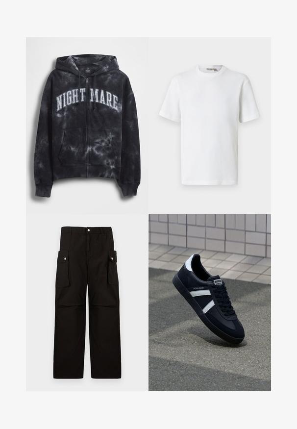 Sudadera con capucha con cremallera y diseño de teñido anudado negro, con el texto "NIGHT MARE" en blanco en el pecho, que cuenta con capucha y bolsillo frontal. Tejido texturizado.; Camiseta blanca de manga corta con cuello redondo y tejido de waffle, con una pequeña etiqueta de la marca en el interior del cuello, mostrada sobre un fondo liso.; Pantalones cargo negros de tela suave, con una cinturilla elástica, bolsillos laterales con solapas y un diseño holgado de pierna recta.; Zapatilla de cuero negra con rayas blancas, suela de goma texturizada y parte frontal con cordones. Cuenta con una etiqueta de marca en la lengüeta.
