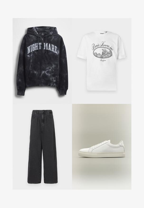 Sort tie-dye hættejakke med lynlås og teksten "NIGHT MARE" i hvid tværs over brystet, med hætte og frontlomme. Tekstureret stof.; Hvid bomulds-T-shirt med et sort illustrativt tryk af en pariserbybillede med teksten "Paris Lovers inc." og "Bonheur EST.1992."; Bredde ben, høj talje sorte denimbukser med frontknap og lynlås, der har sidelommer og en glat overflade.; Hvid lavtop sneaker med snørebånd foran og tyk sål, vist fra siden mod en neutral baggrund.