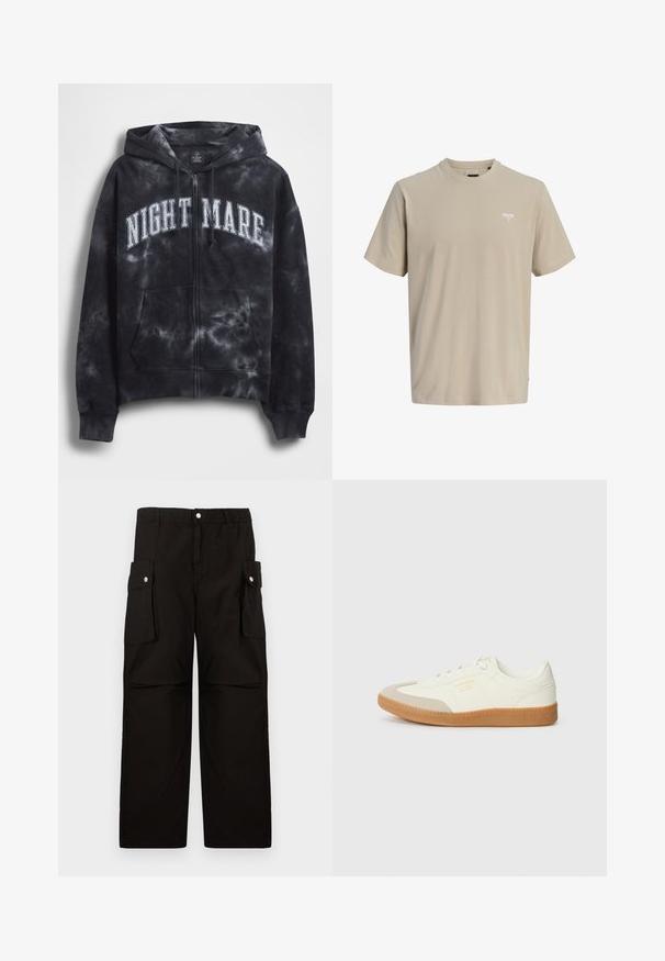 Sort tie-dye hættejakke med lynlås og teksten "NIGHT MARE" i hvid tværs over brystet, med hætte og frontlomme. Tekstureret stof.; Beige T-shirt med korte ærmer og rund hals samt lille hvid tekstlogo på venstre bryst.; Sorte cargo-bukser lavet af blødt stof, med elastisk talje, sidedroplommer med klapper og en løs, lige ben-design.; Sneaker lavet af hvid læder med en beige tåhætte og let brunt gummisål. Har flade hvide snørebånd og prægede branding på siden.