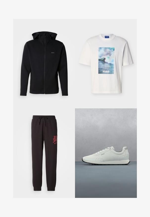 Sweat à capuche noir zippé en tissu lisse, doté d'une capuche, de poches latérales zippées et d'un petit logo embossé sur la poitrine.; T-shirt blanc à manches courtes avec un motif de vague océanique en bleu, vert et blanc et le texte "HUGO" centré à l'avant.; Pantalons de survêtement noirs avec une taille à cordon de serrage, ornés d'un logo imprimé bordeaux sur la jambe gauche. Fabriqués en tissu doux et texturé.; Baskets blanches en cuir lisse avec un profil bas, un bout rond et des lacets plats. Présentent des perforations sur les côtés et une semelle en caoutchouc noire.