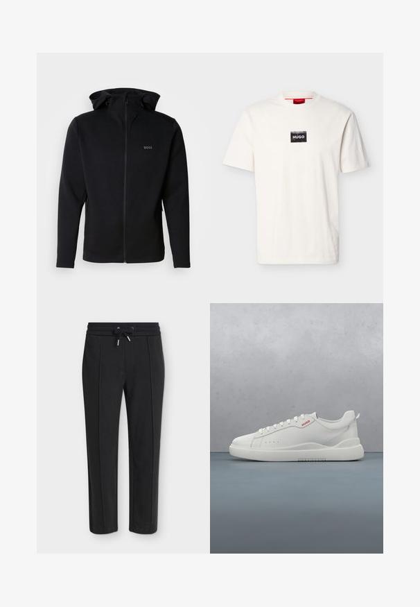 Sweat à capuche noir zippé en tissu lisse, doté d'une capuche, de poches latérales zippées et d'un petit logo embossé sur la poitrine.; T-shirt blanc à manches courtes avec col rond, doté d'un petit patch rectangulaire noir et du texte blanc "HUGO" sur la poitrine.; Pantalon noir fuselé avec une taille élastique et un cordon, présentant une subtile texture côtelée verticale.; Sneaker blanche avec une finition en cuir lisse, bout rond, quatre œillets, perforations subtiles et un détail de logo rouge sur le côté.