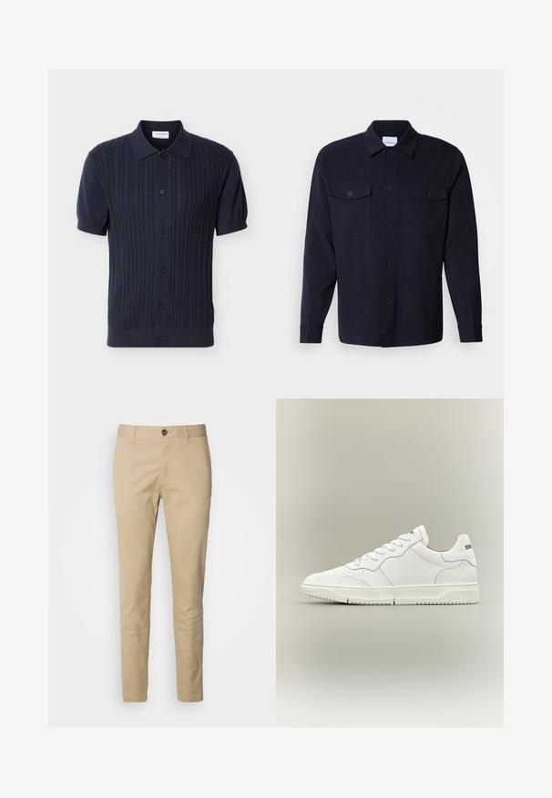 Marineblauw, kortarm gebreid poloshirt met kabelpatroon, knoopsluiting aan de voorkant, geribbelde zoom en kraag van Lindbergh.; Navyblauwe overhemdenjack gemaakt van zachte stof, met twee borstzakken, een knoopsluiting aan de voorkant en lange mouwen met knoopmanchetten.; Beige chino's met een knoopsluiting, slanke pasvorm en een gladde katoenstof. Bevat stikdetails en een standaard vijfzakkenontwerp.; Witte lage sneaker met vetersluiting, glad leren bovenwerk en gebrandmerkt detail op de hiel, afgebeeld tegen een neutrale achtergrond.