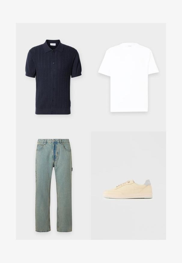 Marineblauw, kortarm gebreid poloshirt met kabelpatroon, knoopsluiting aan de voorkant, geribbelde zoom en kraag van Lindbergh.; Witte katoenen t-shirt met een ronde hals, korte mouwen en een relaxte pasvorm. Gladde textuur, minimale details en geen patronen of graphics.; Lichtblauwe, loszittende denim jeans met vijf zakken, een knoopsluiting en zichtbare stiksels. De stof heeft een vervaagde, gestructureerde uitstraling.; Beige lage sneaker met veters aan de voorkant, lichtroze zool en een grijze hieltab met het merk "Filling Pieces", zijaanzicht op een effen achtergrond.