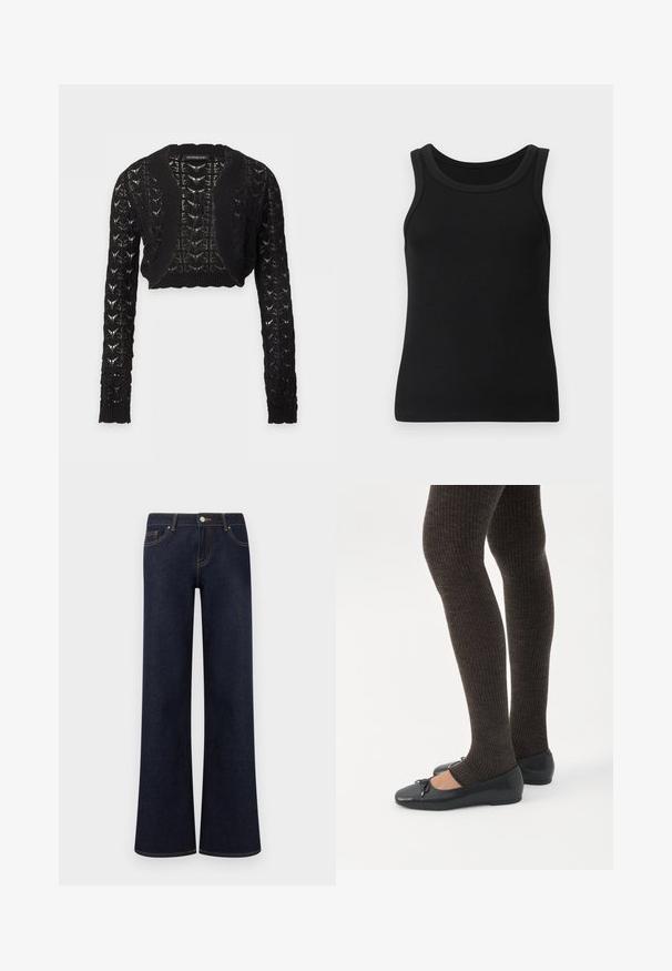 Cardigan noir court en maille avec manches longues et lien lacé à l'avant, avec un motif ajouré et des bords côtelés.; Débardeur noir côtelé sans manches avec col rond, design simple, présenté sur un fond clair uni.; Jean en denim bleu foncé à jambes larges avec poches avant, fermeture par bouton et fermeture éclair, et coutures contrastantes visibles.; Jambes portant des leggings côtelés foncés associés à des ballerines noires avec de petits détails en nœud sur fond blanc.