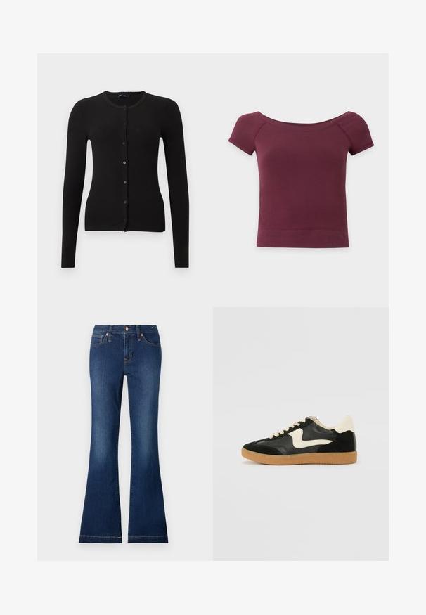 Cardigan noir côtelé avec manches longues, encolure ronde et fermeture à boutons sur le devant. Comprend des boutons noirs assortis et une coupe ajustée.; Top court à manches courtes, épaules dénudées, en tissu uni bordeaux foncé avec ourlet et encolure côtelés.; Jean en denim évasés de couleur bleu foncé, comprenant des poches avant, des boutons en métal et des détails de couture subtils. Tissu en coton avec une texture lisse.; Baskets en daim et cuir noir avec un swoosh latéral crème et un talon crème clair. Dotées de lacets beige et d'une semelle en caoutchouc gomme.