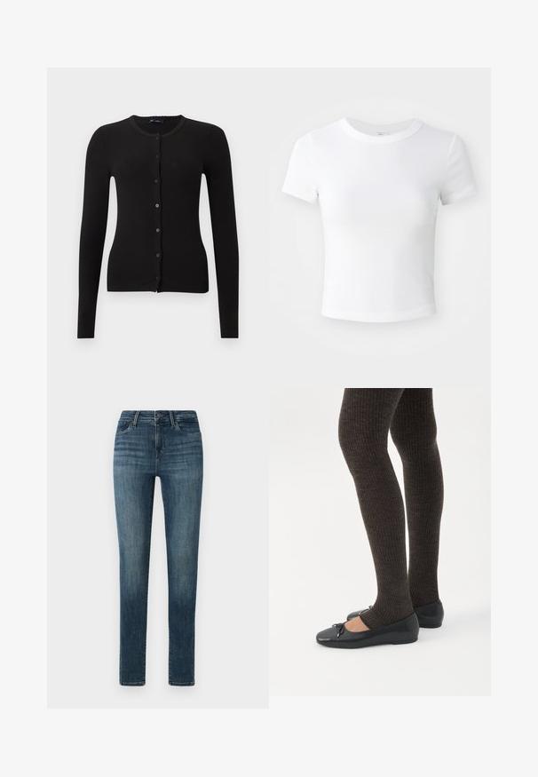 Cardigan noir côtelé avec manches longues, encolure ronde et fermeture à boutons sur le devant. Comprend des boutons noirs assortis et une coupe ajustée.; T-shirt courte à manches courtes, blanche, avec un col rond, présentée sur un fond neutre et lumineux.; Jean en denim bleu foncé avec une coupe slim, présentant une fermeture à boutons, cinq poches et un léger décoloration le long des cuisses.; Jambes portant des leggings côtelés foncés associés à des ballerines noires avec de petits détails en nœud sur fond blanc.