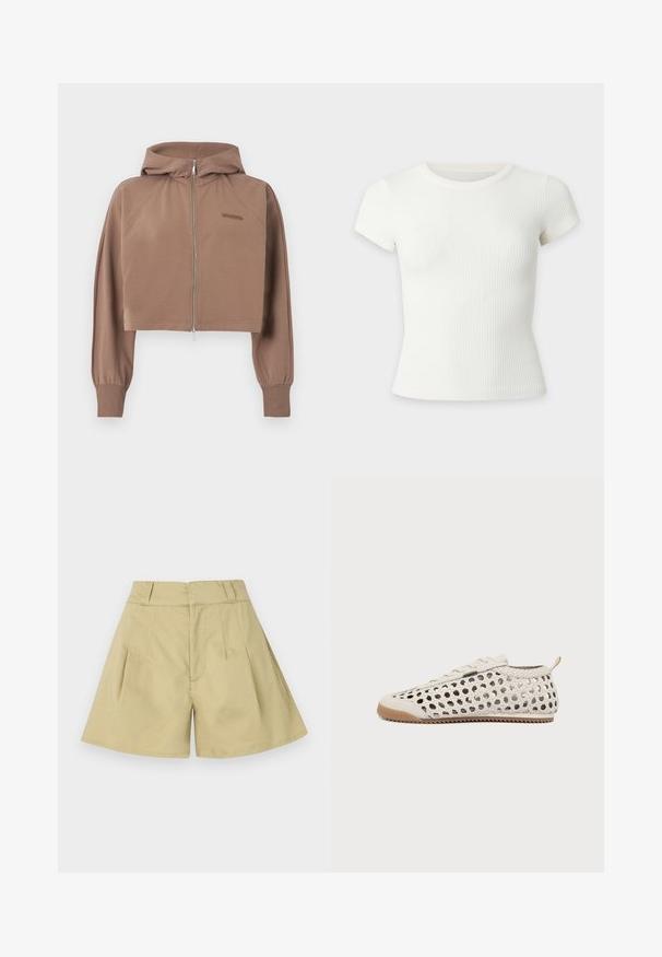 Sweat à capuche court marron avec manches longues, fermeture éclair devant, poignets en côte et petit logo embossé sur la poitrine.; T-shirt court blanc côtelé à manches courtes avec col rond sur fond uni.; Short beige taille haute avec passants pour ceinture, plis à l’avant et jambes légèrement évasées.; Baskets en cuir tissé blanc avec semelle en gomme, lacets à l’avant et languette au talon, vues de l’intérieur sur fond blanc.