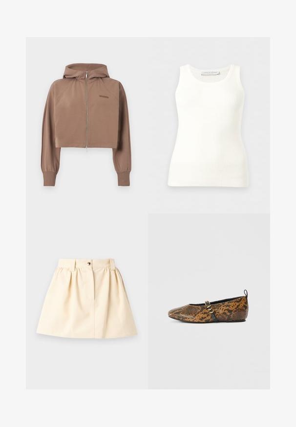 Sweat à capuche court marron avec manches longues, fermeture éclair devant, poignets en côte et petit logo embossé sur la poitrine.; Débardeur blanc côtelé sans manches avec encolure ronde, coupe ajustée, et étiquette de la marque à l'intérieur du col arrière.; Jupe trapèze couleur crème avec taille froncée, passants de ceinture, bouton à l'avant et fermeture éclair dissimulée.; Ballerine en simili motif peau de serpent avec des nuances de brun et de noir. Dotée d'une bride noire et d’un détail en métal doré. Texture lisse.