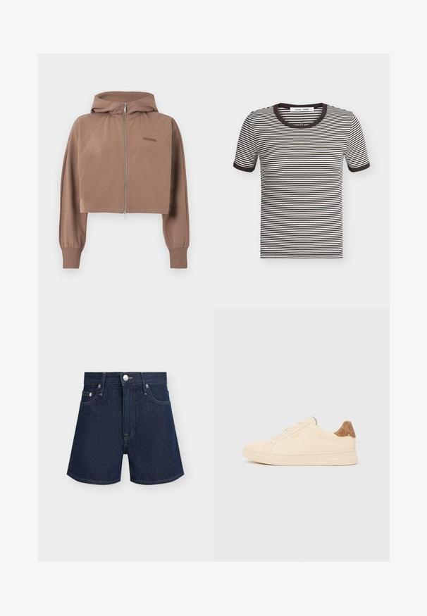 Sweat à capuche court marron avec manches longues, fermeture éclair devant, poignets en côte et petit logo embossé sur la poitrine.; T-shirt à manches courtes rayé noir et blanc horizontal avec col et poignets côtelés noirs, posé à plat sur un fond clair.; Short en jean bleu foncé avec bouton et fermeture éclair à l'avant, passants de ceinture et poches avant sur fond clair uni.; Baskets basses beige avec lacets beiges, languette de talon à motif marron clair et logo "Coach New York" sur le côté.