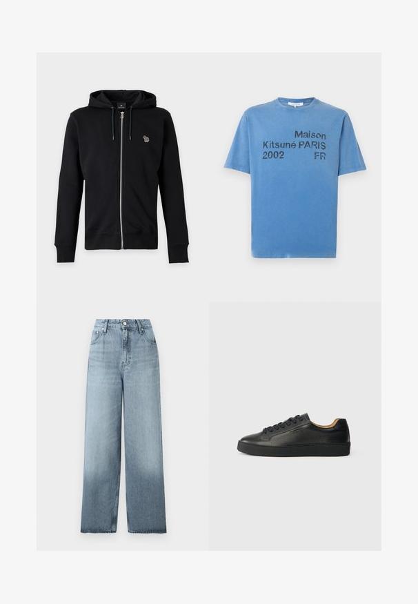 Sweat à capuche noir zippé avec cordon et petit logo animal multicolore sur le côté gauche de la poitrine sur fond gris.; T-shirt bleu en coton à manches courtes avec texte noir "Maison Kitsuné PARIS 2002 FR" sur le devant, col rond et coupe décontractée.; Jean bleu clair taille haute, jambes larges, avec fermeture à boutons et fermeture éclair, poches avant et passants pour ceinture sur un fond uni.; Baskets basses en cuir noir avec surface texturée, lacets noirs et semelle en caoutchouc épaisse, présentées de côté sur un fond clair.