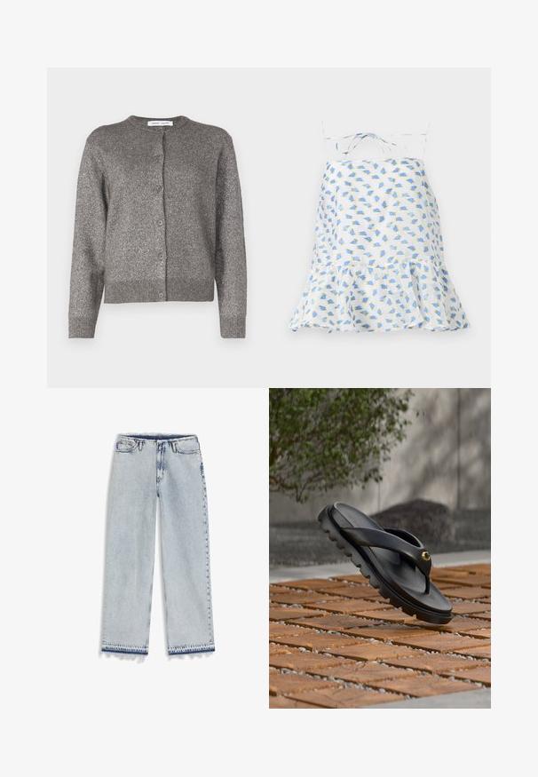 Harmaa metallinhohto cardigan, jossa on pyöreä pääntie, napitussuclosure, pitkät hihat, ribbineuleinen helma ja tekstuuri viimeistely.; Valkoinen olkaimeton mekko, jossa on sinivihreä kukkakuosi. Mekossa on röyhelöhelma ja säädettävät olkaimet. Kevyt kangas, herkkä rakenne.; Vaaleansiniset leveälahkeiset farkut korkealla vyötäröllä, napilla ja vetoketjulla suljettavat, edessä taskut ja rispaantuneet reunat.; Musta varvastossu, jossa paksu kulutusta kestävä pohja ja kultainen koriste, kelluu teksturoidun tiili- ja sorapintaisen ulkoympäristön yllä.