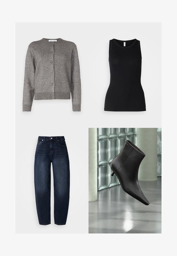 Cardigan gris métallique avec un col rond, fermeture à boutons, manches longues, ourlet côtelé et finition en tissu texturé.; Débardeur noir sans manches en tissu côtelé, avec un col rond et une coupe ajustée, à la texture douce et sans motifs.; Jean en denim bleu foncé à coupe décontractée, présentant une taille haute, une coupe droite et un style classique à cinq poches.; Bottine en cuir noir avec bout pointu et petit talon, présentée devant un mur en blocs de verre et un sol poli.