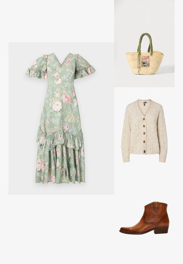 Lichtbeige gebreid vest met een V-hals, kabelgebreid patroon en vijf bruine knopen aan de voorkant. Geribbelde manchetten en zoom.; Floral maxi-jurk in zacht groen met een V-hals, pofmouwen, ruches en een gelaagde zoom. Bevat roze rozen en kleine blauwe bloemen.; Bruine leren enkellaarsjes met een spitse neus, decoratieve stiksels en een lage gestapelde hak; hebben een schacht van gemiddelde hoogte en trekhaakjes.; Geweven beige strooien tas met gevlochten groene en zwarte handvatten en een kleurrijke rechthoekige patch aan de voorkant.