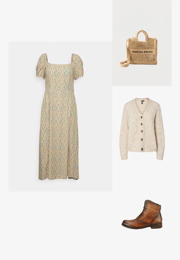 Lysebeige strikket cardigan med V-udskæring, kabelstrikkemønster og fem brune knapper ned foran. Ribstrikkede manchetter og kant.; Even&Odd by Zalando Hverdagskjole - green/pink; Brun læderankelstøvle med snørelukning foran, lav hæl, lynlås bagpå og butterfly præget nær hælen på en hvid baggrund.; Vævet beige håndtaske med to håndtag, lang rem, åben vævning og "VANESSA BRUNO" broderet i sort på forsiden.