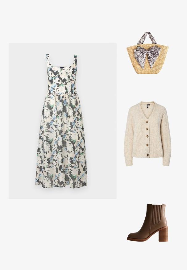 Lysebeige strikket cardigan med V-udskæring, kabelstrikkemønster og fem brune knapper ned foran. Ribstrikkede manchetter og kant.; Ærmeløs kjole i midilængde med firkantet udskæring og abstrakt blomsterprint i hvid, sort, blå og grøn.; Brun læder ankelstøvle med stablet blokhæl og elastiske sidepaneler for nem påtagning, vist i profilvisning på hvid baggrund.; Stråtaske med en stor, tekstureret sort og hvid blomsterbånddetalje, med to solide håndtag og en bred, åben top.