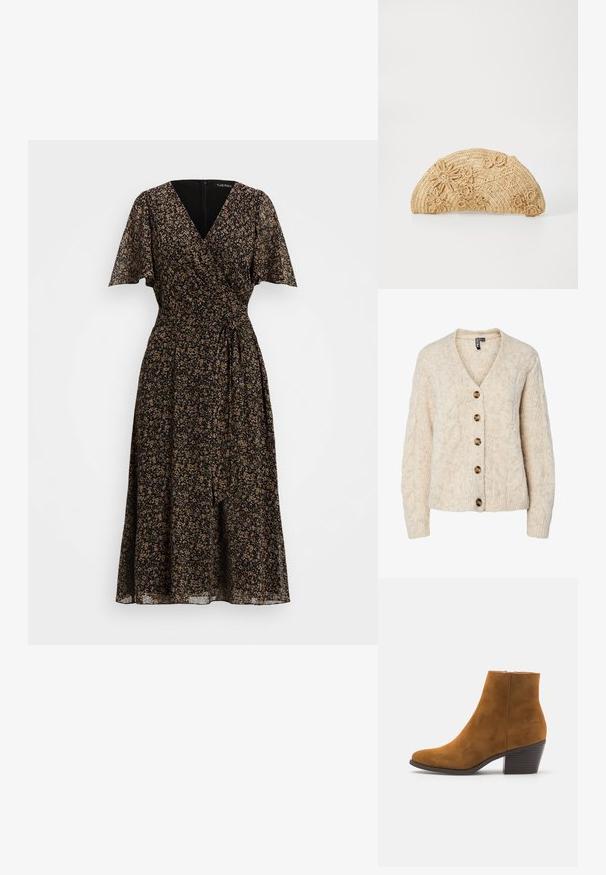 Cárdigan de punto color beige claro con escote en V, patrón de trenzas y cinco botones marrones en la parte delantera. Puños y bajo acanalados.; Vestido envolvente floral en negro con mangas cortas y vaporosas. Presenta un escote en V profundo, cintura ajustada y una falda fluida con un detalle de lazo.; Botín de ante marrón hasta el tobillo con punta afilada y tacón apilado. Textura suave con un cierre de cremallera lateral. Diseño y forma clásicos.; Vanessa Bruno Clutch - naturel