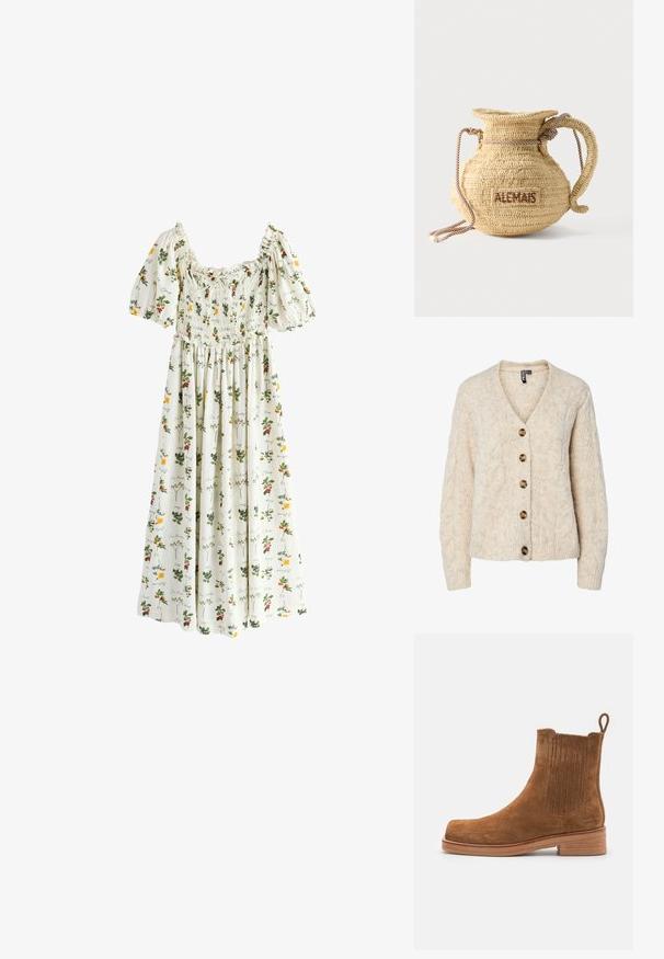 Lysebeige strikket cardigan med V-udskæring, kabelstrikkemønster og fem brune knapper ned foran. Ribstrikkede manchetter og kant.; Hvid midi kjole med pufærmer, rynket krop og blomsterprint med gule og røde blomster samt grønne blade.; Brune ruskindsankelstøvle med elastiske sider og løkke, der har en afrundet tå og en stablet hæl i en lys træfarve.; Rund flettet stråtaske med håndtag af reb og "ALEMAIS" broderet på siden med brunt garn.
