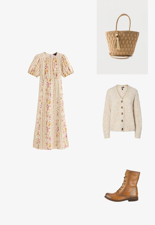 Cárdigan de punto color beige claro con escote en V, patrón de trenzas y cinco botones marrones en la parte delantera. Puños y bajo acanalados.; Vestido midi color crema con mangas abullonadas, escote redondo, cintura ajustada y rayas florales verticales en tonos rosas, naranjas y verdes.; Botas de cuero marrón hasta el tobillo con una textura suave, punta redondeada, seis ojales para cordones y un sutil logo grabado en el talón.; Bolso tote de paja tejido con asas redondeadas, patrón cuadrado y dos borlas colgantes con cuentas de madera sobre un fondo liso.