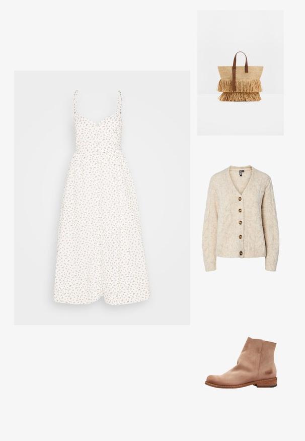 Cardigan en maille beige clair avec un col en V, motif torsadé, et cinq boutons marron sur le devant. Poignets et ourlet côtelés.; Madewell ALEXA RUFFLE BODICE BUTTON DOWN MIDI DRESS PRINT - Robe chemise - lighthouse; Bottine en suede rose avec un bout arrondi, un talon en bois fin et un détail de couture minimal. Présente un logo embossé sur le côté.; Sac cabas en paille tissée avec deux couches de franges en paille et des poignées en cuir marron, debout sur une surface blanche.