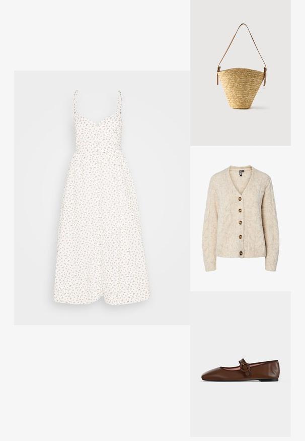 Helebeež kardigan, millel on V-kaelus, palmikee mustriga soonikkoes ning ees viis pruuni nuppu. Varrukate ja alaääre servad on soonikkoes.; Madewell ALEXA RUFFLE BODICE BUTTON DOWN MIDI DRESS PRINT - Särkkleit - lighthouse; Pruunist nahast lamedad Mary Jane kingad ümmarguse pandla ja musta tallaga heledal hallil taustal.; Punutud olabaskott laia põhjaga, kitsa ülaosaga ja reguleeritava pruuni nahast õlarihmaga.