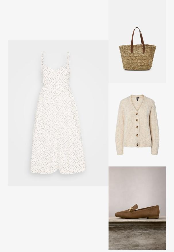 Cárdigan de punto color beige claro con escote en V, patrón de trenzas y cinco botones marrones en la parte delantera. Puños y bajo acanalados.; Madewell ALEXA RUFFLE BODICE BUTTON DOWN MIDI DRESS PRINT - Vestido camisero - lighthouse; Zapato mocasín de ante marrón con detalle de bocado dorado, suspendido sobre un banco de madera, con césped verde de fondo.; Bolso de tote de paja trenzada con asas de cuero marrón claro. Forma redondeada con un intrincado patrón de espiga en todo el cuerpo.