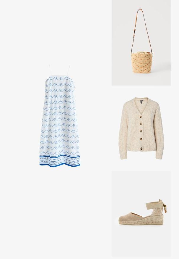 Lysebeige strikket cardigan med V-udskæring, kabelstrikkemønster og fem brune knapper ned foran. Ribstrikkede manchetter og kant.; Hvid sommerkjole med tynde stropper, blåt bølgemønster og navne på græske øer skrevet med blåt langs sømmen.; Beige espadrille med en overdækning af lærred, tekstureret vævet hæl og flettet jutesål; har en bundet ankelrem for en sikker pasform.; Beige vævet spandtaske med sildebensmønster og justerbar skulderrem i tanlæder, med snørelukning i stof øverst.