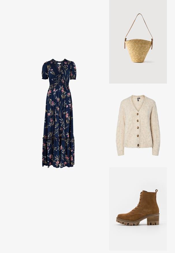 Lichtbeige gebreid vest met een V-hals, kabelgebreid patroon en vijf bruine knopen aan de voorkant. Geribbelde manchetten en zoom.; Marineblauwe bloemen maxi-jurk in lichtgewicht stof, met een gerimpelde zoom, korte pofmouwen en een V-halslijn met een aansluitende corsage.; Bruine suède enkellaarsjes met een vetersluiting, ronde neus, robuuste zool en een chunky hak met een gestructureerd accent.; Gevlochten strooien bucketbag met brede basis, smalle bovenkant en verstelbare bruine leren schouderriem.