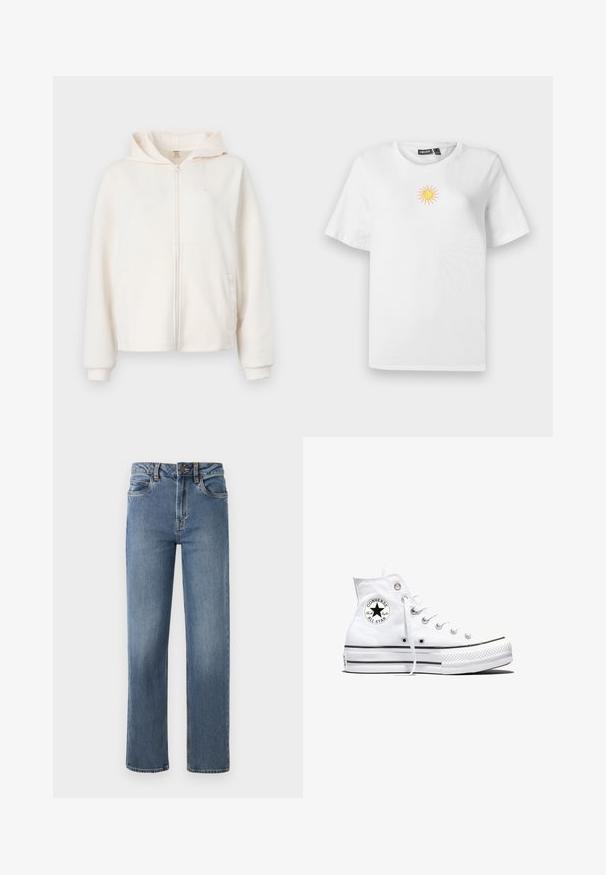 Crème zip-up hoodie gemaakt van zachte stof, met een front pocket, ribgebreide manchetten en een logo-detail op de borst.; Witte katoenen t-shirt met korte mouwen, voorzien van een klein, geborduurd geel en roze zonnetje op de borst.; Blauwe rechte jeans met voorzakken, riemlussen en een knoopsluitingen, weergegeven op een effen witte achtergrond.; Witte hoge Converse Chuck Taylor All Star sneaker met zwart logopatch en witte veters, weergegeven op een witte achtergrond.