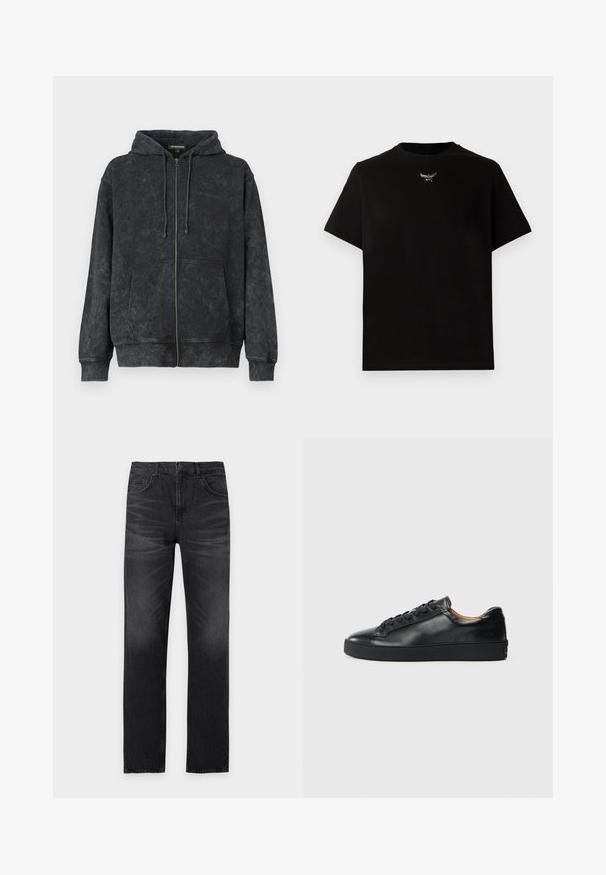 Sort vasket zip-up hoodie med snoretræk, frontlommer og diskret "Les Benjamins" logo på venstre bryst.; Sort bomulds T-shirt med korte ærmer, rund halsudskæring og en sølvlogo detalje på brystet. Glat tekstur og afslappet pasform.; Sorte jeans med lige ben, forlommer, bæltestropper og diskrete falmede detaljer på lårene.; Sorte lædersneakers med en glat overflade, rund tå og snørebåndslukning. Har en tyk gummisål og minimal branddetalje.
