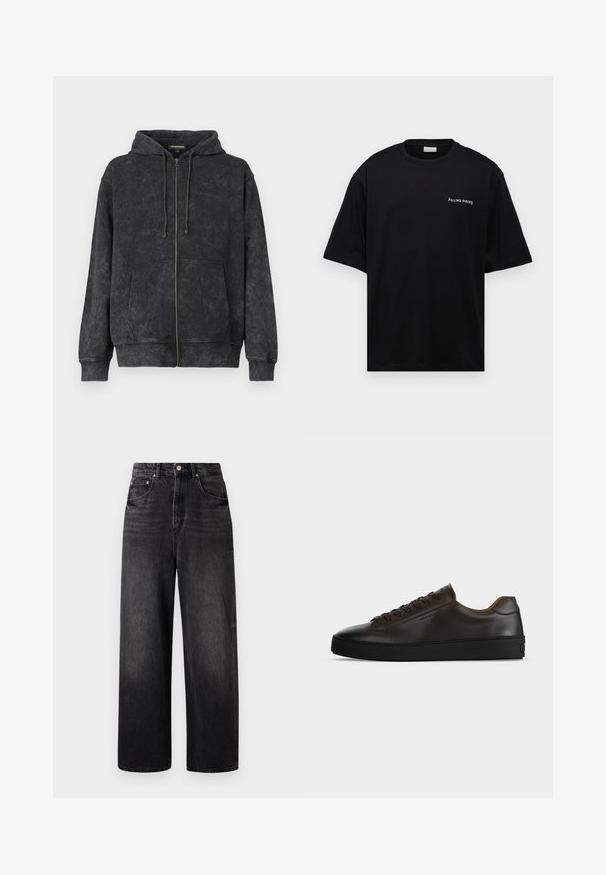 Sort vasket zip-up hoodie med snoretræk, frontlommer og diskret "Les Benjamins" logo på venstre bryst.; Sort bomulds t-shirt med en afslappet pasform, korte ærmer og et hvidt "FILLING PIECES" logo på venstre bryst. Glat tekstur.; Sorte denim jeans med løstsiddende pasform, høj talje, fem lommer og synlig knaplukning. Har diskret falmning og lige ben design.; Lavprofil mørkebrune lædersneaker med sort gummisål, snørelukning foran og glat minimalistisk design på lys baggrund.