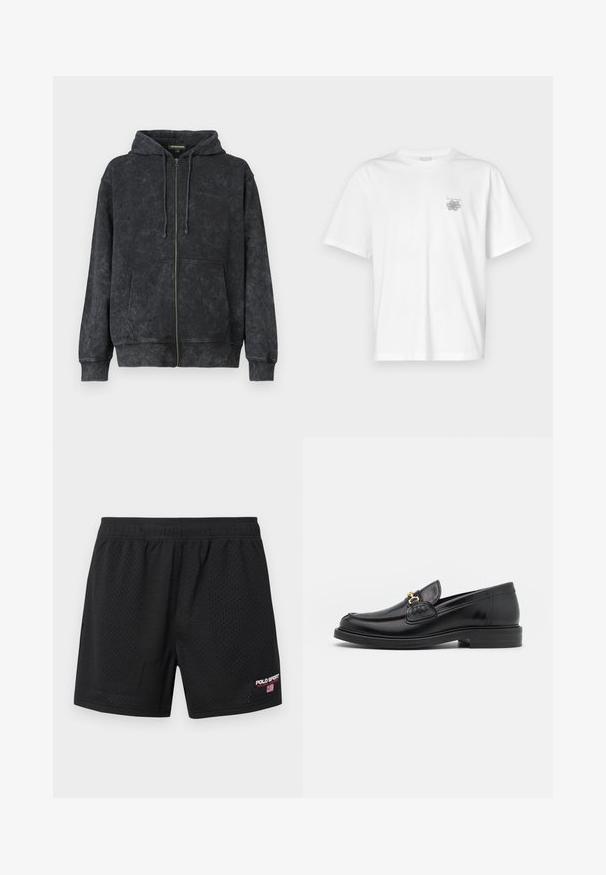 Schwarz gewaschene Zip-Hoodie mit Kordeln, Vordertaschen und dezentem "Les Benjamins"-Logo auf der linken Brust.; Weißes T-Shirt aus Baumwolle mit kurzen Ärmeln, Rundhalsausschnitt und kleinem grauen Logo auf der linken Brustseite. Glatte Textur.; Schwarze sportliche Netzshorts mit elastischem Bund und Polo Sport Ralph Lauren-Logo sowie amerikanischer Flagge am unteren rechten Bein.; Schwarze Lederleter mit einer abgerundeten Zehenpartie, ausgestattet mit goldenen Hardwareakzenten und Stichdetails, auf einer niedrigen, strukturierten Gummisohle.
