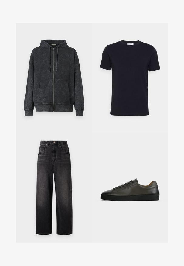 Zwarte gewassen zip-up hoodie met trekkoorden, voorkantzakken en subtiele "Les Benjamins" logo op de linkerborst.; Zwart T-shirt met korte mouwen en ronde hals, met een klein wit label aan de binnenkant van de halslijn.; Zwarte denim jeans met een losse pasvorm, hoge taille, vijf zakken en een opvallende knoopsluiting. Heeft subtiele vervaging en een recht gesneden ontwerp.; Donkergrijze leren lage sneaker met zwarte veters en zool, minimalistisch ontwerp, zijaanzicht op een effen lichte achtergrond.