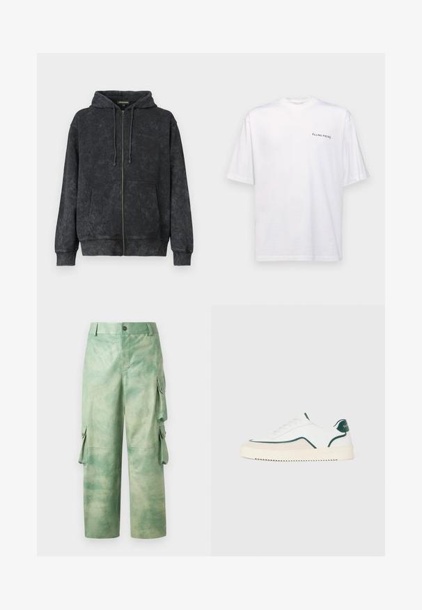 Sort vasket zip-up hoodie med snoretræk, frontlommer og diskret "Les Benjamins" logo på venstre bryst.; Hvid kortærmet t-shirt i bomuld med v-hals, med et sort "FILLING PIECES" logo trykt på venstre side.; Les Benjamins VINTAGE PANT - Skindbukser - army green; Hvide lavtop sneakers med grønne detaljer, beige ruskind og en cremefarvet sål med en rilllet bund.