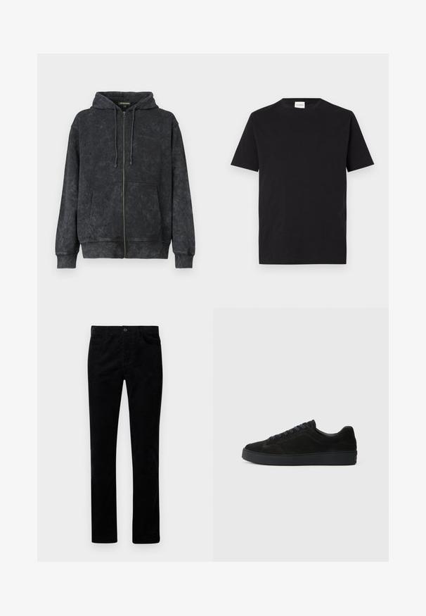 Sort vasket zip-up hoodie med snoretræk, frontlommer og diskret "Les Benjamins" logo på venstre bryst.; Sort bomulds T-shirt med rund hals og korte ærmer. Har et lige snit og et minimalistisk design, med et mærke synligt ved kraven.; Sorte corduroybukser med lige ben, der har forlommer og metalknaplukning. Blød tekstur med lodrette ribber.; Sort semsket sneakers med en flad, tekstureret sål, rund tå, seks snørrehuller og et minimalistisk design.