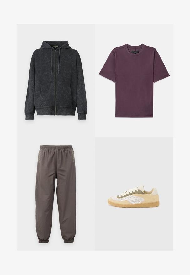 Sort vasket zip-up hoodie med snoretræk, frontlommer og diskret "Les Benjamins" logo på venstre bryst.; Ensfarvet kortærmet t-shirt med rund hals i mørk mauve med synligt mærke syet indeni kraven.; Mørkegrå, elastiske bukser med en afslappet pasform. Har samlede manchetter og subtil broderi på siderne. Letvægtsstof.; Lav-top sneaker med beige ruskind, hvide meshpaneler, olivengrønne detaljer, hvide snørebånd og gummisål i karamelfarve på en lysegrå baggrund.