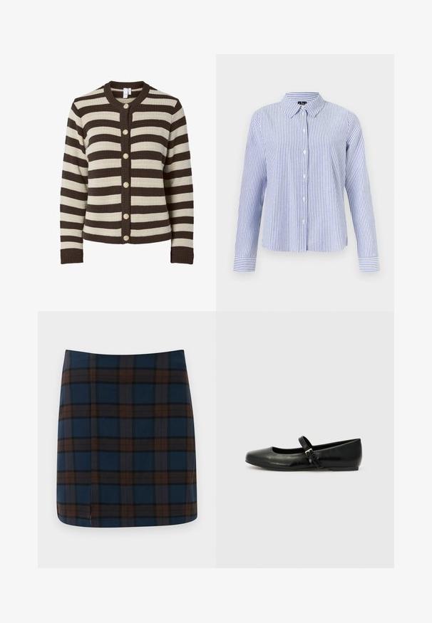 Stribet cardigan i creme og mørkebrun, ribbet tekstur, rund halsudskæring, seks guldtonede knapper foran, lange ærmer.; Langærmet skjorte med knapper med hvide og lyseblå lodrette striber og en spids krave vist på en ensfarvet baggrund.; Marineblåternet mini nederdel med brune og grå striber, lavet af et glat stof, med en diskret slids bagpå for let bevægelse.; Sorte læder balletflade med rund tå, flad sål og en tynd justerbar rem over svangen med en metalspænde.