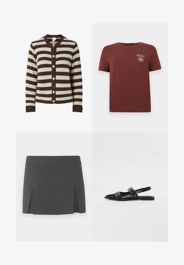 Stribet cardigan i creme og mørkebrun, ribbet tekstur, rund halsudskæring, seks guldtonede knapper foran, lange ærmer.; Kortærmet brun t-shirt med rund hals og lille gult "le Soleil" tekst og solgrafik på venstre brystområde.; Grå mini nederdel med en glat tekstur, der har en flad talje og to forsidige slids for ekstra detalje. Casual design.; Even&Odd Slingback-ballerinasko - black