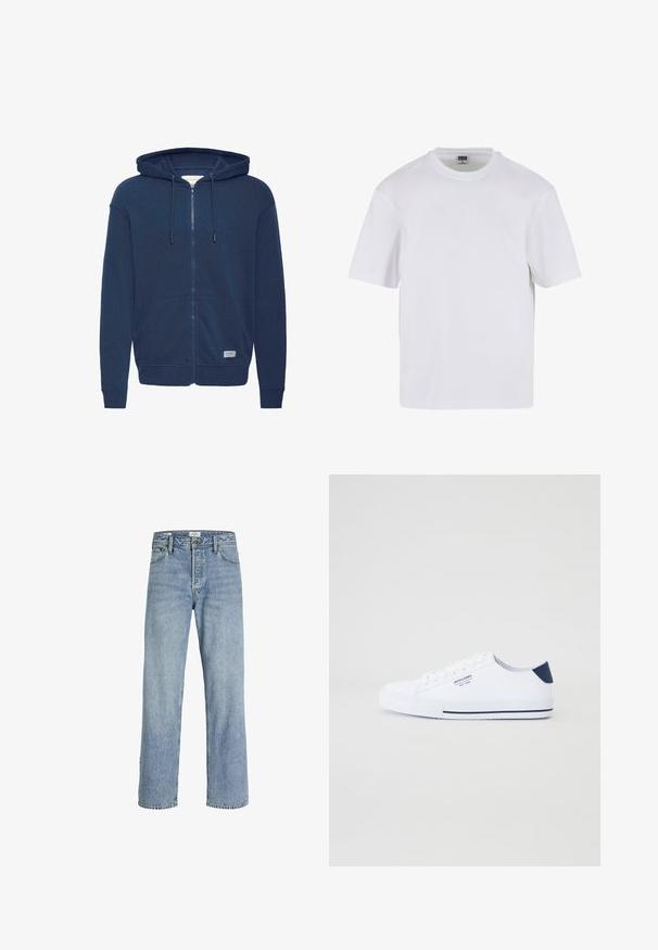 Sweat à capuche zippé bleu marine avec cordon de serrage à la capuche, poche kangourou, poignets et ourlet côtelés, fabriqué à partir d'un mélange de coton doux.; T-shirt blanc à manches courtes en coton. Il présente un col rond et une coupe décontractée. Texture lisse, design minimaliste, sans motifs ni accents.; Jean en denim bleu clair avec une coupe droite, taille haute, style cinq poches et décoloration légère, avec fermeture à bouton en métal.; Baskets en toile blanches avec un accent de talon marine, semelle en caoutchouc plate, bout rond et lacets blancs. Présente un logo sur le côté.