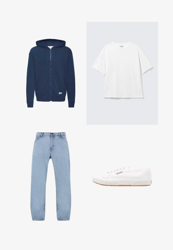 Sweat à capuche zippé bleu marine avec cordon de serrage à la capuche, poche kangourou, poignets et ourlet côtelés, fabriqué à partir d'un mélange de coton doux.; T-shirt blanc oversize à manches courtes, col rond, épaules tombantes, posé à plat sur fond gris clair.; Jean en denim bleu clair avec un design à jambes droites, comportant quatre poches, une fermeture éclair et des détails de couture dorée.; Baskets en toile blanches avec une semelle en caoutchouc, design à lacets et une petite étiquette logo sur le côté. Tige blanche texturée et semelle extérieure marron.