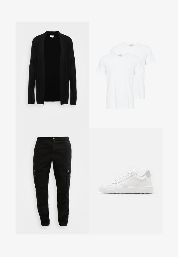 Black open-front cardigan made of lightweight, textured fabric. Features long sleeves and a relaxed fit, suitable for layering.; Two plain white short-sleeve crew neck T-shirts overlapping on a white background.; Black cargo pants made of durable fabric, featuring side pockets, a button closure, and a slim fit design. Smooth texture with minimal detailing.; White leather sneakers with a smooth finish, rounded toe, flat laces, and a textured sole. Grey suede accent at the heel.
