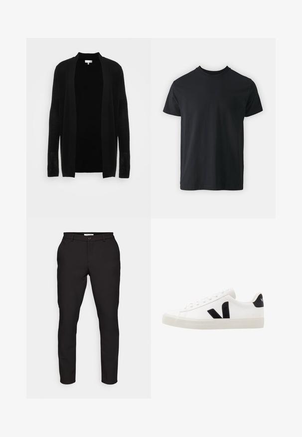 Cardigan noir ouvert à l'avant, fabriqué en tissu léger et texturé. Il présente des manches longues et une coupe décontractée, idéale pour le superposition.; T-shirt noir en coton à manches courtes avec un col rond et une coupe décontractée. Texture lisse et ourlet droit, sans graphismes ni motifs visibles.; Pantalons noirs ajustés avec une coupe slim. Comprend une fermeture à glissière, un bouton, des poches latérales et un tissu lisse et léger.; Sneaker blanche en cuir avec des accents en daim noir ; dispose d'une semelle en caoutchouc, d'un bout rond et d'un design classique à lacets. Logo latéral en noir.