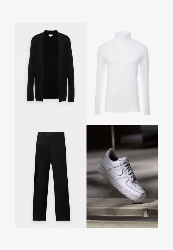 Black open-front cardigan made of lightweight, textured fabric. Features long sleeves and a relaxed fit, suitable for layering.; White long-sleeve turtleneck shirt made of soft, stretchy fabric. Features a high collar and fitted design, providing a streamlined silhouette.; Black straight-leg trousers with belt loops and side pockets on a plain white background.; White leather Nike Air Force 1 sneaker features a perforated toe, flat laces, and textured rubber sole with “AIR” branding on the side.