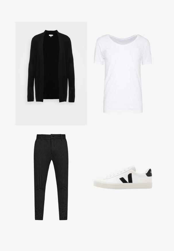 Cardigan noir ouvert à l'avant, fabriqué en tissu léger et texturé. Il présente des manches longues et une coupe décontractée, idéale pour le superposition.; T-shirt blanc à manches courtes, décolleté en scoop, texture douce, coupe décontractée, fabriqué en tissu léger avec un léger stretch. Sans motifs ni accents.; Pantalons rayés noirs avec des fines rayures blanches verticales, une coupe slim, et une fermeture à bouton avec passants de ceinture pour un ajustement réglable.; Sneaker blanche en cuir avec des accents en daim noir ; dispose d'une semelle en caoutchouc, d'un bout rond et d'un design classique à lacets. Logo latéral en noir.
