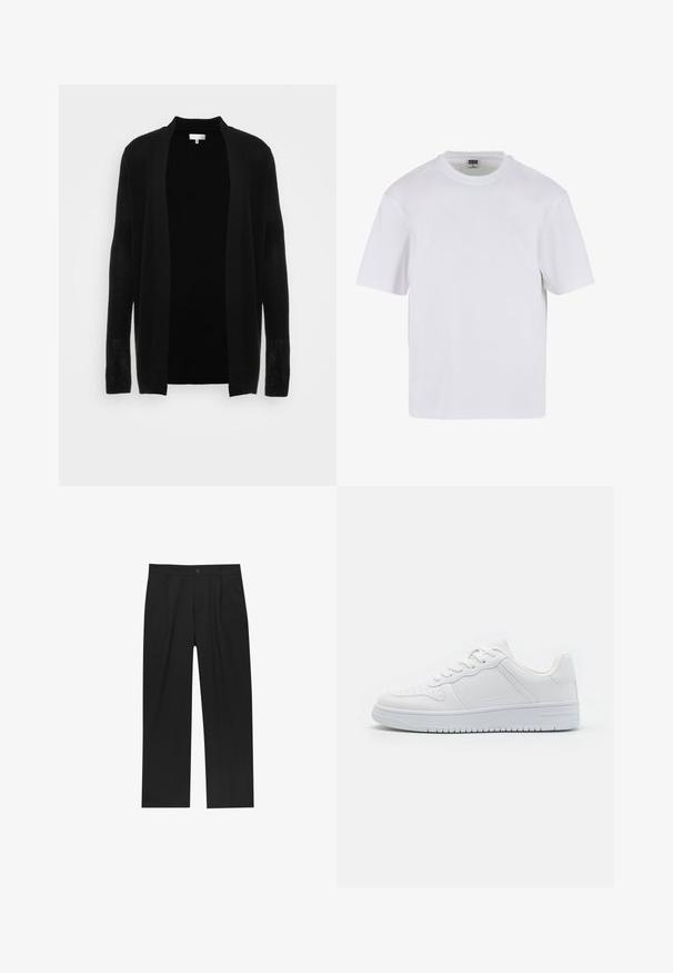 Cardigan noir ouvert à l'avant, fabriqué en tissu léger et texturé. Il présente des manches longues et une coupe décontractée, idéale pour le superposition.; T-shirt blanc à manches courtes en coton. Il présente un col rond et une coupe décontractée. Texture lisse, design minimaliste, sans motifs ni accents.; Pantalons noirs au design droit, fabriqués à partir d'un tissu lisse. Dotés de plis sur le devant et d'une fermeture à un bouton à la taille.; Baskets blanches en matière synthétique lisse, avec des lacets plats, une pointe perforée et une semelle en caoutchouc dotée d'un motif de grip texturé.