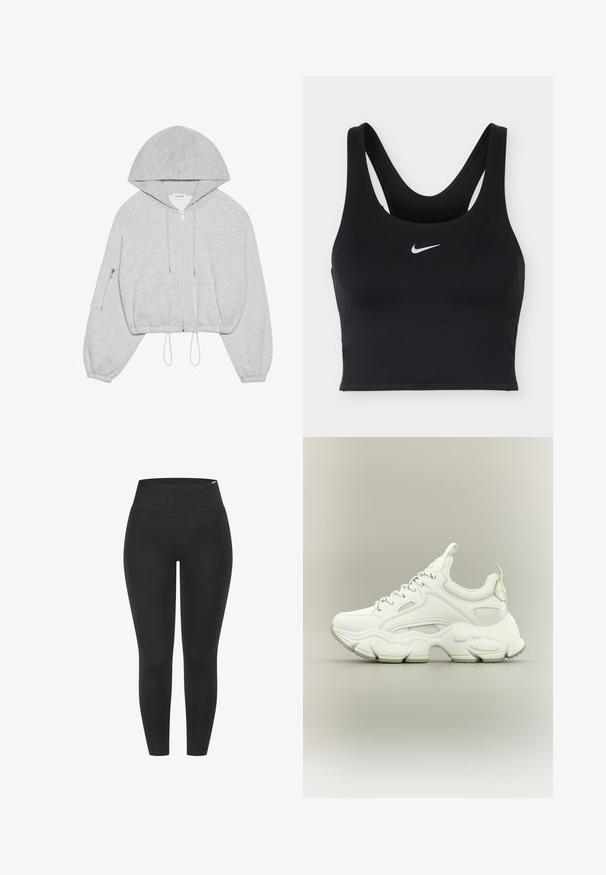 Haut à capuche gris cropped avec une fermeture éclair à l'avant, cordon de serrage à l'ourlet, grande capuche et poche zippée sur la manche gauche. Texture de tissu douce.; Brassière de sport Nike noire avec larges bretelles et logo Nike swoosh blanc centré sur l'avant.; Leggings noirs avec une taille haute élastique, une texture lisse et une coupe ajustée, adaptés à diverses activités.; Baskets blanches épaisses avec semelle épaisse texturée, dessus en mesh et cuir, fermeture à lacets et languettes sur la languette et le talon.