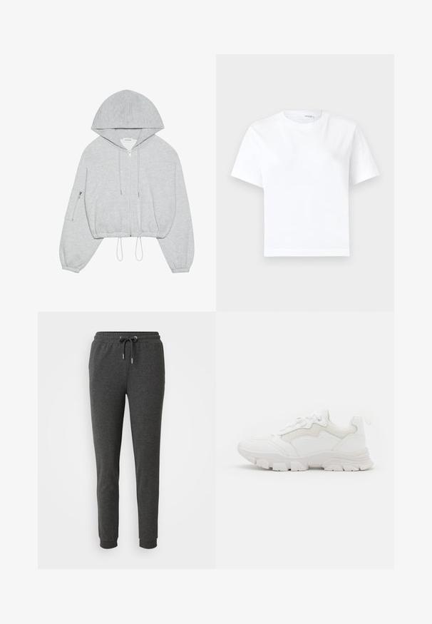 Haut à capuche gris cropped avec une fermeture éclair à l'avant, cordon de serrage à l'ourlet, grande capuche et poche zippée sur la manche gauche. Texture de tissu douce.; T-shirt blanc uni en coton à manches courtes, col rond et ourlet droit, présenté sur fond blanc.; Pantalons de survêtement gris foncé en tissu doux, dotés d'une taille élastique avec cordon de serrage, de jambes fuselées et de poignets à la cheville.; NA-KD Baskets basses - white