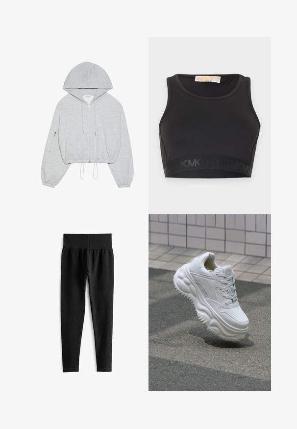 Haut à capuche gris cropped avec une fermeture éclair à l'avant, cordon de serrage à l'ourlet, grande capuche et poche zippée sur la manche gauche. Texture de tissu douce.; Brassière de sport noire en tissu lisse, dotée d'un col rond et d'une bande élastique logoée en bas.; Leggings noirs à rayures avec une large ceinture élastique. Le tissu semble extensible et texturé, se terminant juste au-dessus de la cheville.; Baskets blanches en cuir avec une semelle épaisse, des détails texturés et un système de laçage. Présente des accents moulés et une finition lisse.