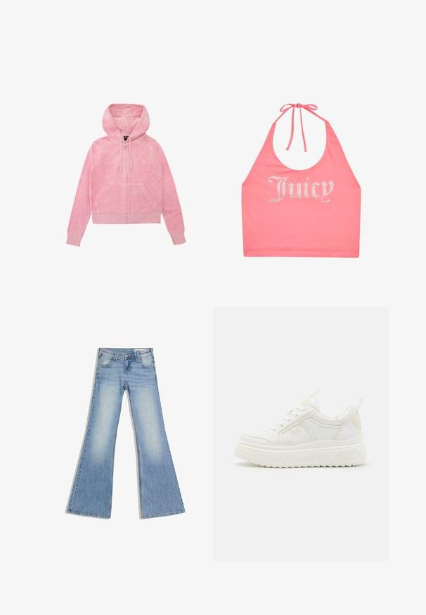 Roze hoodie met een rits aan de voorkant, twee voorzakken, een trekkoord en ribgebreide manchetten. Gemaakt van zachte, gestructureerde stof.; Roze haltertop met strik in de nek en strassletters die "Juicy" aan de voorkant spellen.; Lichtblauwe denim jeans met een hoge taille, voorkantzakken en wijde uitlopende pijpen, plat gelegd op een witte achtergrond.; Witte leren sneakers met een stevige zool, vetersluiting en subtiele branding. Heeft een zachte textuur en een ronde neus.
